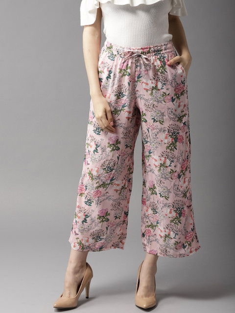 

HERE&NOW Women Pink Floral Print Straight Cropped Palazzos