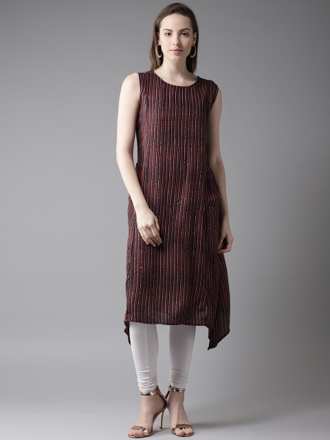 

HERE&NOW Women Navy & Red Striped Asymmetric A-Line Kurta, Navy blue