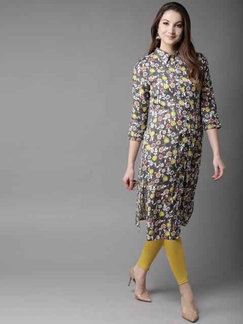 

HERE&NOW Women Grey & Yellow Floral Print Straight Kurta