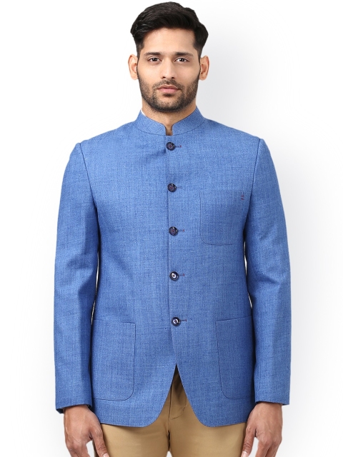 

ethnix by Raymond Men Blue Khadi Cotton Self-Design Slim Fit Ethnic Bandhgala Blazer