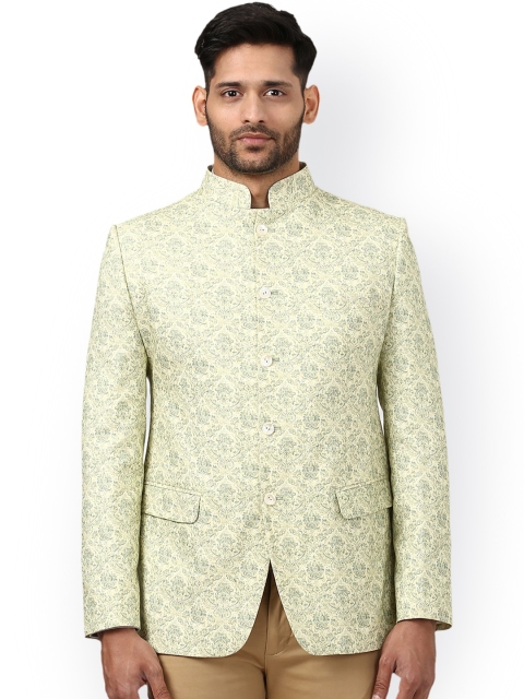 

ethnix by Raymond Men Green Khadi Cotton Self-Design Slim Fit Ethnic Bandhgala Blazer