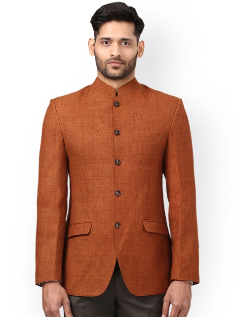 

ethnix by Raymond Men Brown Khadi Cotton Self-Design Slim Fit Ethnic Bandhgala Blazer