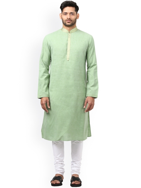

Ethnix by Raymond Men Green & White Khadi Cotton Solid Kurta with Churidar