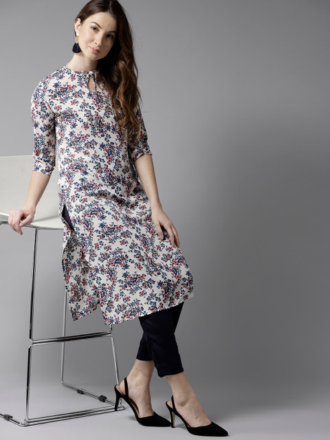 

Moda Rapido Women Off-White & Blue Floral Print Straight Kurta