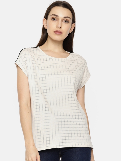 

Vero Moda Women Cream-Coloured Checked High-Low Top