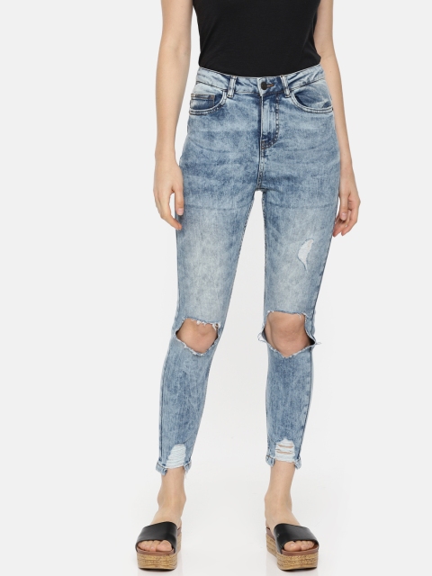 

Vero Moda Women Blue Slim Fit High-Rise Highly Distressed Stretchable Cropped Jeans