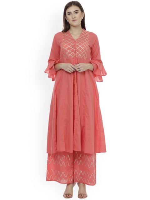 

Love More Women Coral Yoke Design Kurta with Palazzos