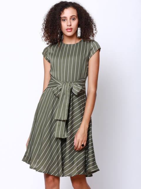 

Tokyo Talkies Women Olive Green Striped Fit and Flare Dress