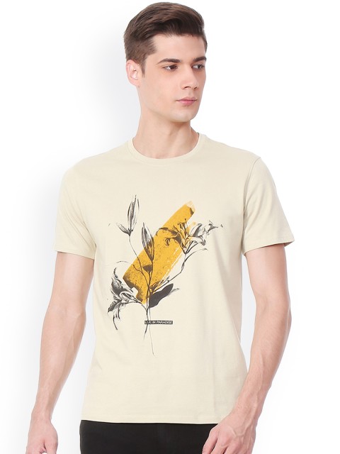 

V Dot Men Beige Printed Round Neck T-shirt