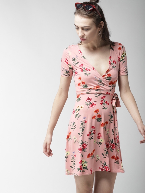 

FOREVER 21 Women Pink Floral Print Wrap Dress