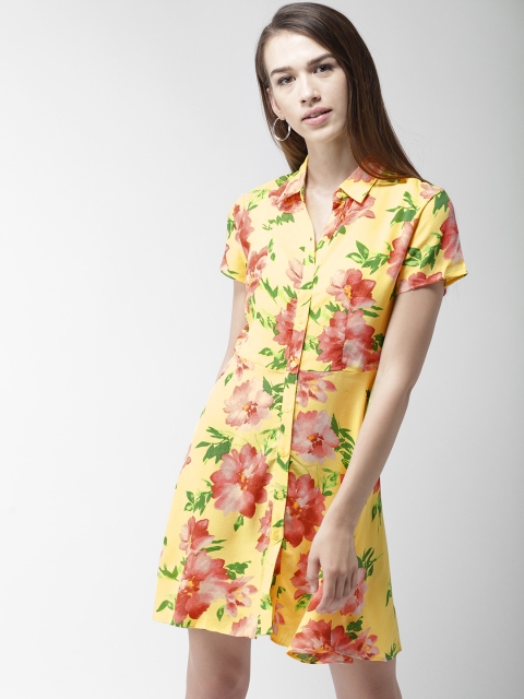 

FOREVER 21 Women Yellow & Pink Floral Print Shirt Dress