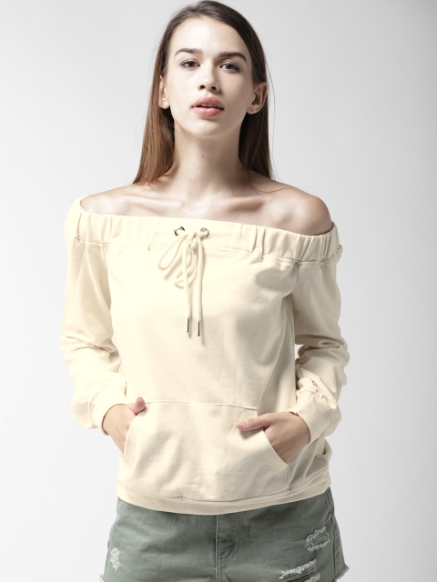 

FOREVER 21 Women Beige Solid Bardot Top