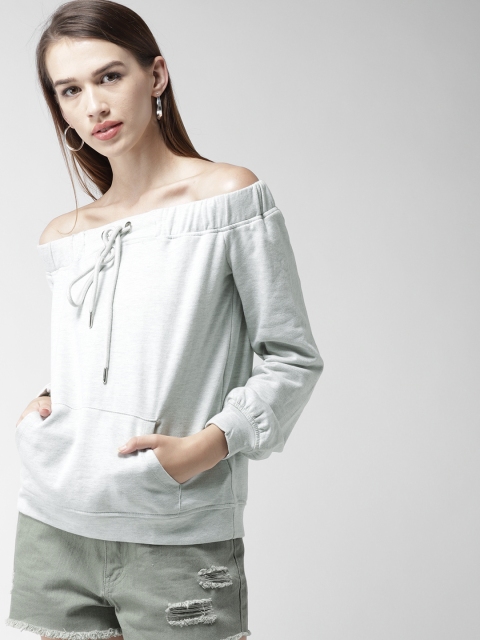 

FOREVER 21 Women Grey Melange Solid Bardot Top