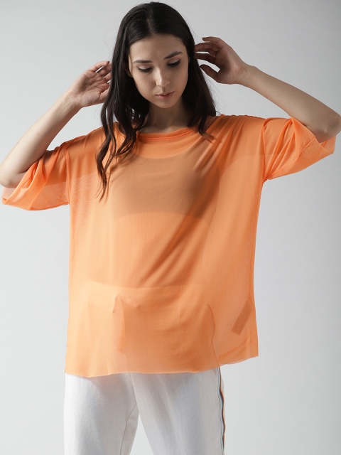 

FOREVER 21 Women Orange Net Semi-Sheer Solid Top