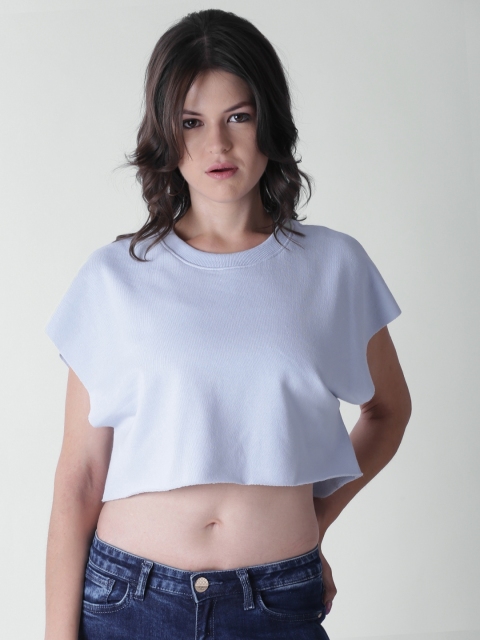

FOREVER 21 Women Blue Solid Crop Boxy Top