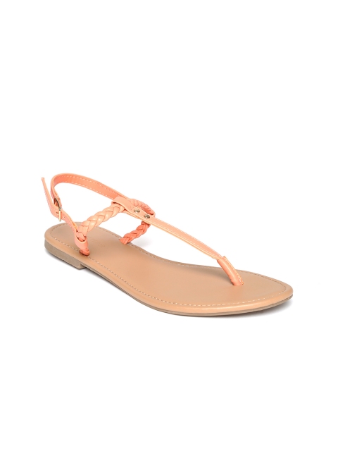 

FOREVER 21 Women Peach-Coloured Solid T-Strap Flats