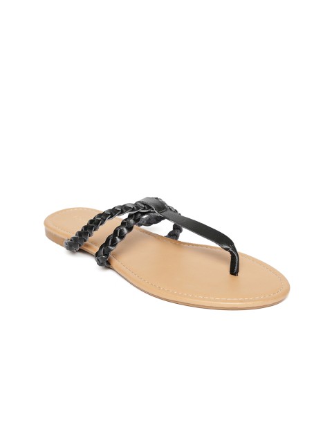 

FOREVER 21 Women Black Braided T-Strap Flats