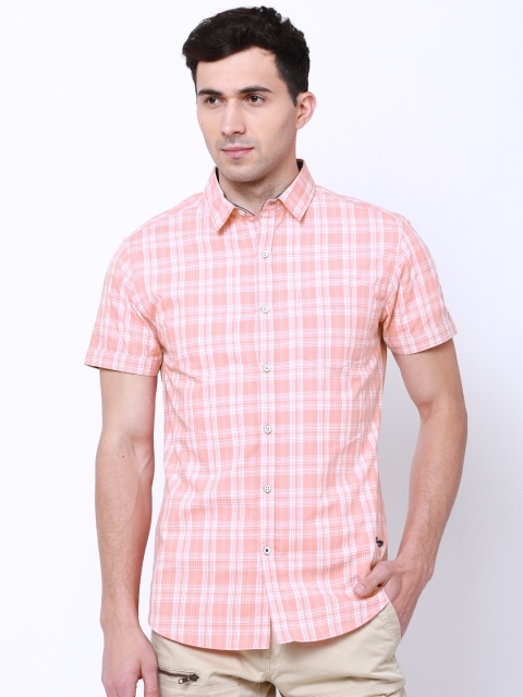 

LOCOMOTIVE Men Peach-Coloured & White Slim Fit Checked Casual Shirt