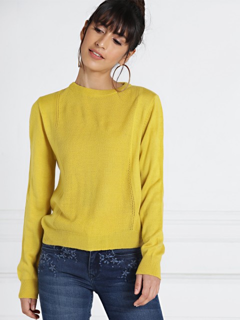 

all about you Women Mustard Yellow Solid Self Design Pullover