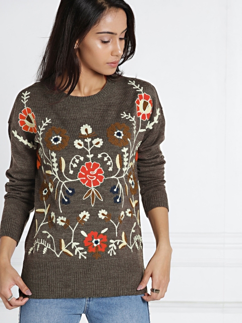 

all about you Women Brown Embroidered Sweater