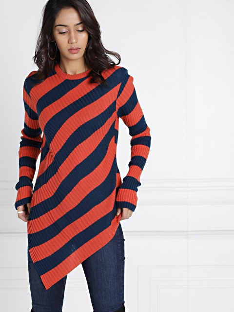 

all about you Women Navy Rust Orange Striped Pullover, Navy blue