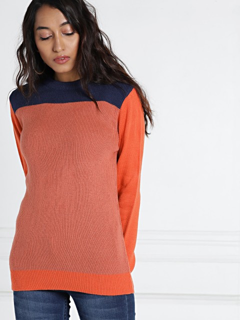 

all about you Women Coral Pink & Navy Colourblocked Pullover