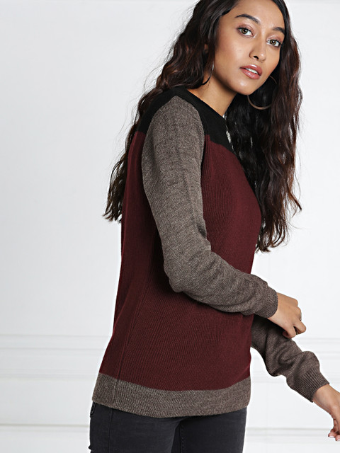 

all about you Women Maroon Colourblocked Pullover