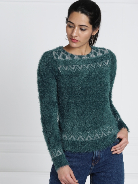 

all about you Women Teal Green Coloured Self-Design Faux Fur Pullover Sweater