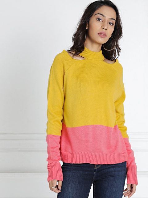 

all about you Women Yellow Pink Colourblocked Sweater