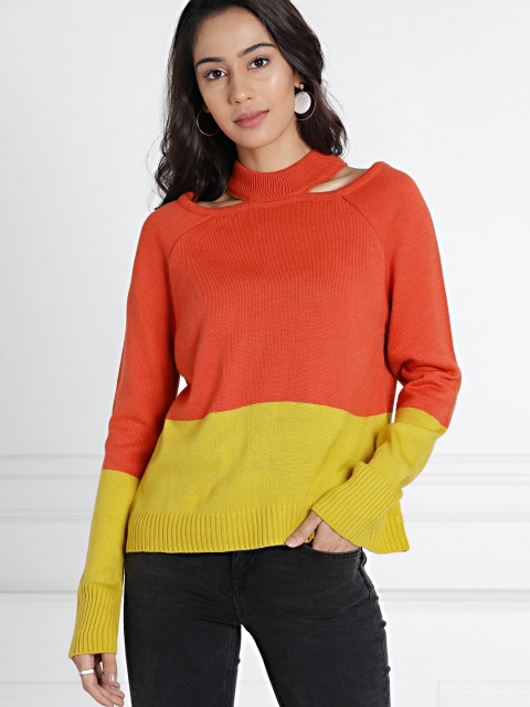

all about you Women Coral Orange Yellow Colourblocked Pullover
