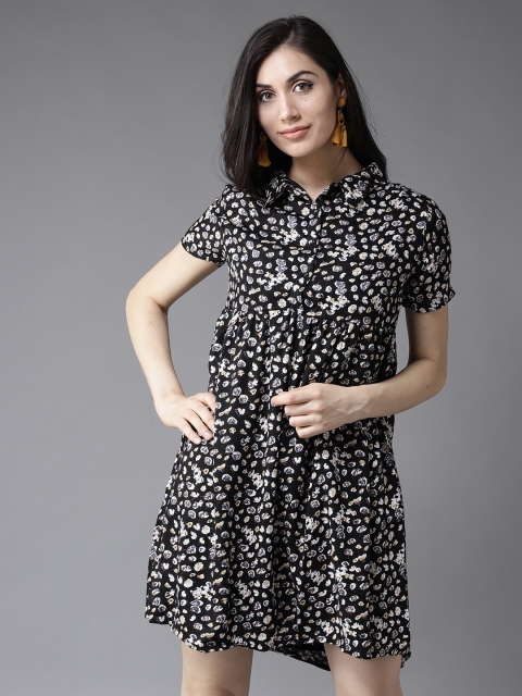 

HERE&NOW Women Black & Off-White Printed Empire Dress