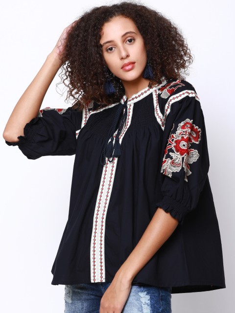 

Tokyo Talkies Women Navy Blue Solid Boxy Pure Cotton Top