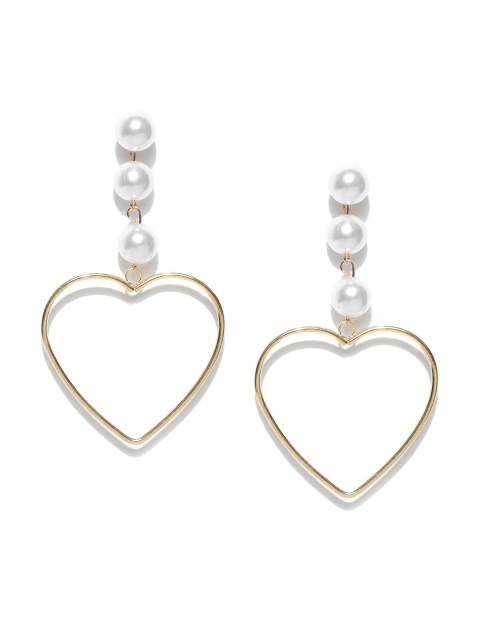 

OOMPH Gold-Toned & White Handcrafted Heart Shaped Drop Earrings