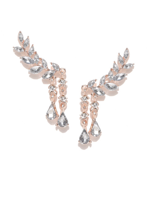 

OOMPH Rose Gold-Toned CZ Stone-Studded Leaf Shaped Handcrafted Drop Earrings