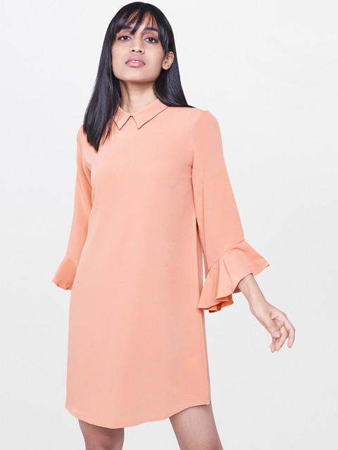 

AND Women Peach-Coloured Solid A-Line Dress