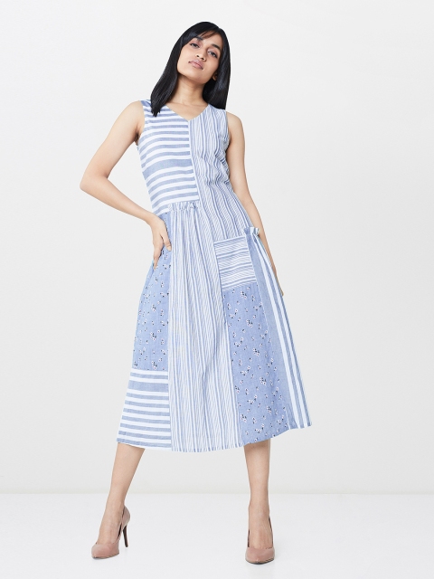 

AND Women White& Blue Striped Midi Dress