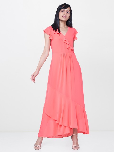 

AND Women Coral Pink Solid Maxi Dress