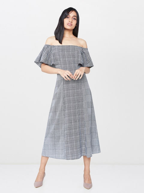 

AND Women Black & White Checked Off-Shoulder A-Line Dress