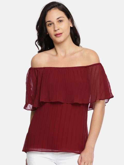 

AND Women Maroon Solid Bardot Top