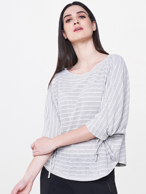 

AND Women Grey Melange & White Striped Top