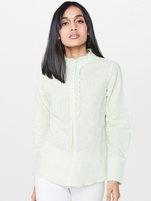 

AND Women Lime Green Striped Shirt Style Top