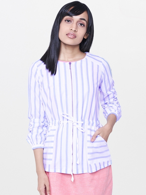 

AND Women White & Blue Striped Pure Cotton Top
