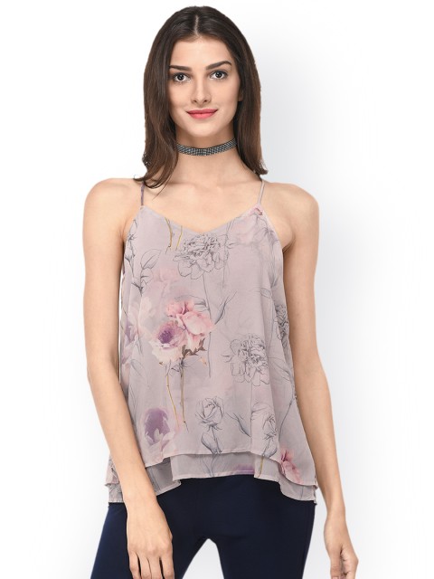

PURYS Women Mauve Printed Styled Back Top