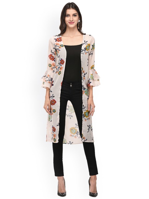 

PURYS Cream-Coloured & White Printed Open Front Shrug