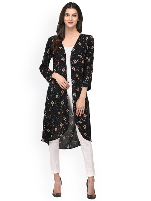 

PURYS Black & Black Printed Open Front Shrug