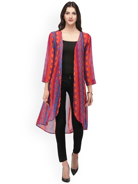 

PURYS Orange & Magenta Printed Open Front Shrug