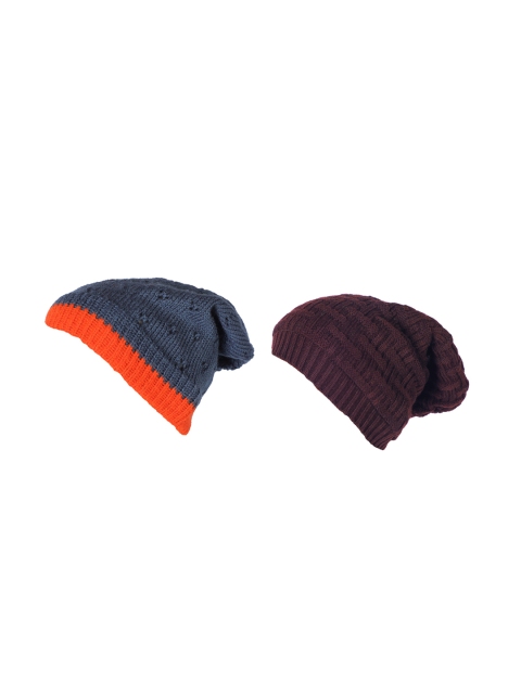 

Knotyy Pack of 2 Unisex Blue & Brown Solid Beanie