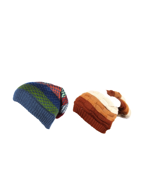 

Knotyy Pack of 2 Unisex Brown & Blue Colourblocked Beanie