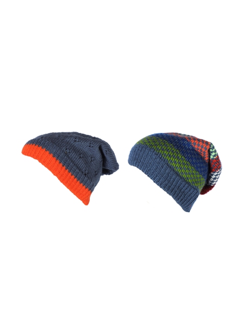 

Knotyy Pack of 2 Unisex Blue & Grey Colourblocked Beanie