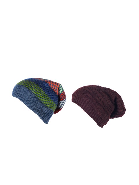 

Knotyy Pack of 2 Unisex Blue & Brown Colourblocked Beanie